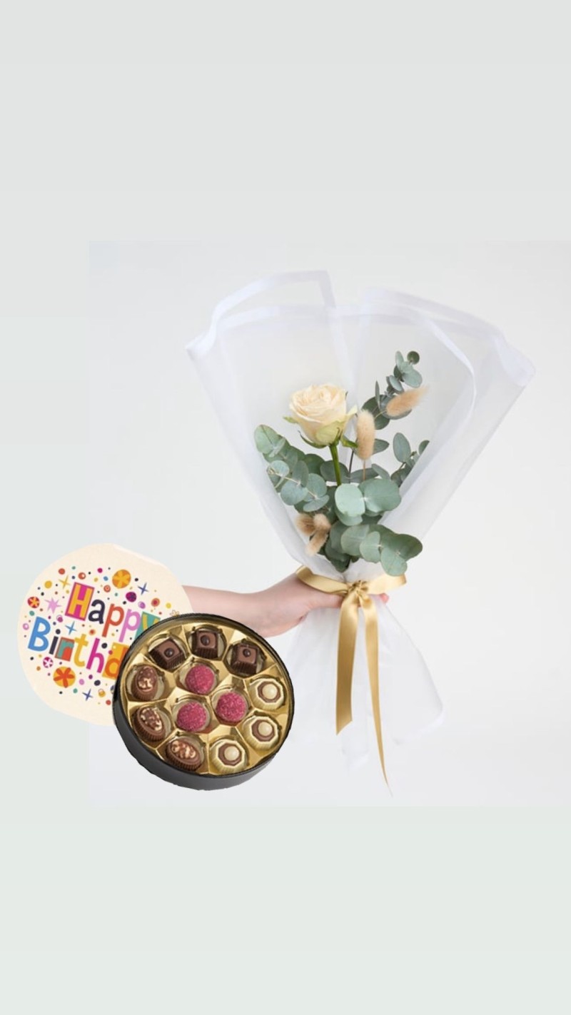 Bukette Tekli Beyaz Gül &Doğum Günü Temalı Çikolata