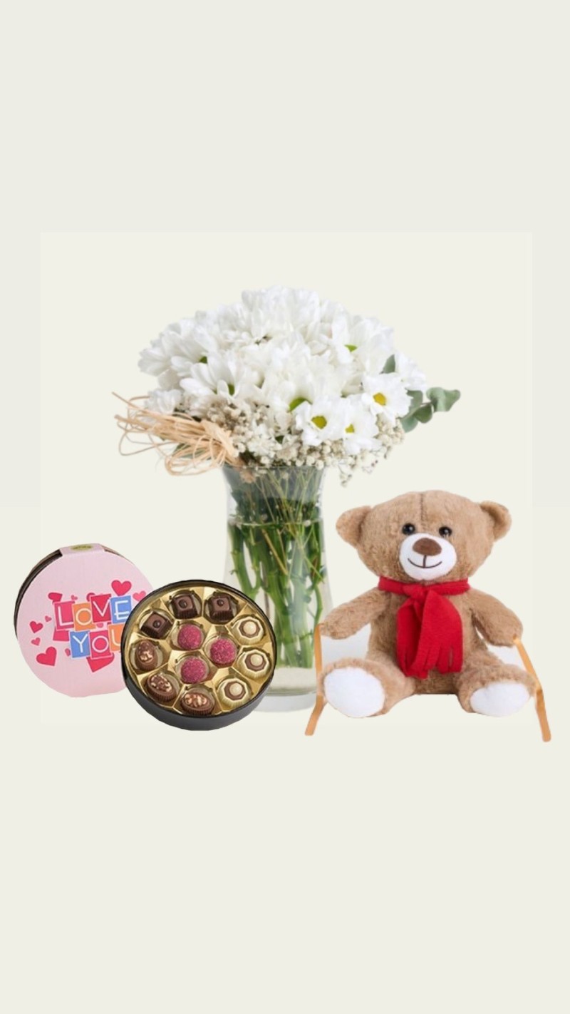 Vazoda Papatyalar & Peluş Ayı & Seni Seviyorum Temalı Çikolata
